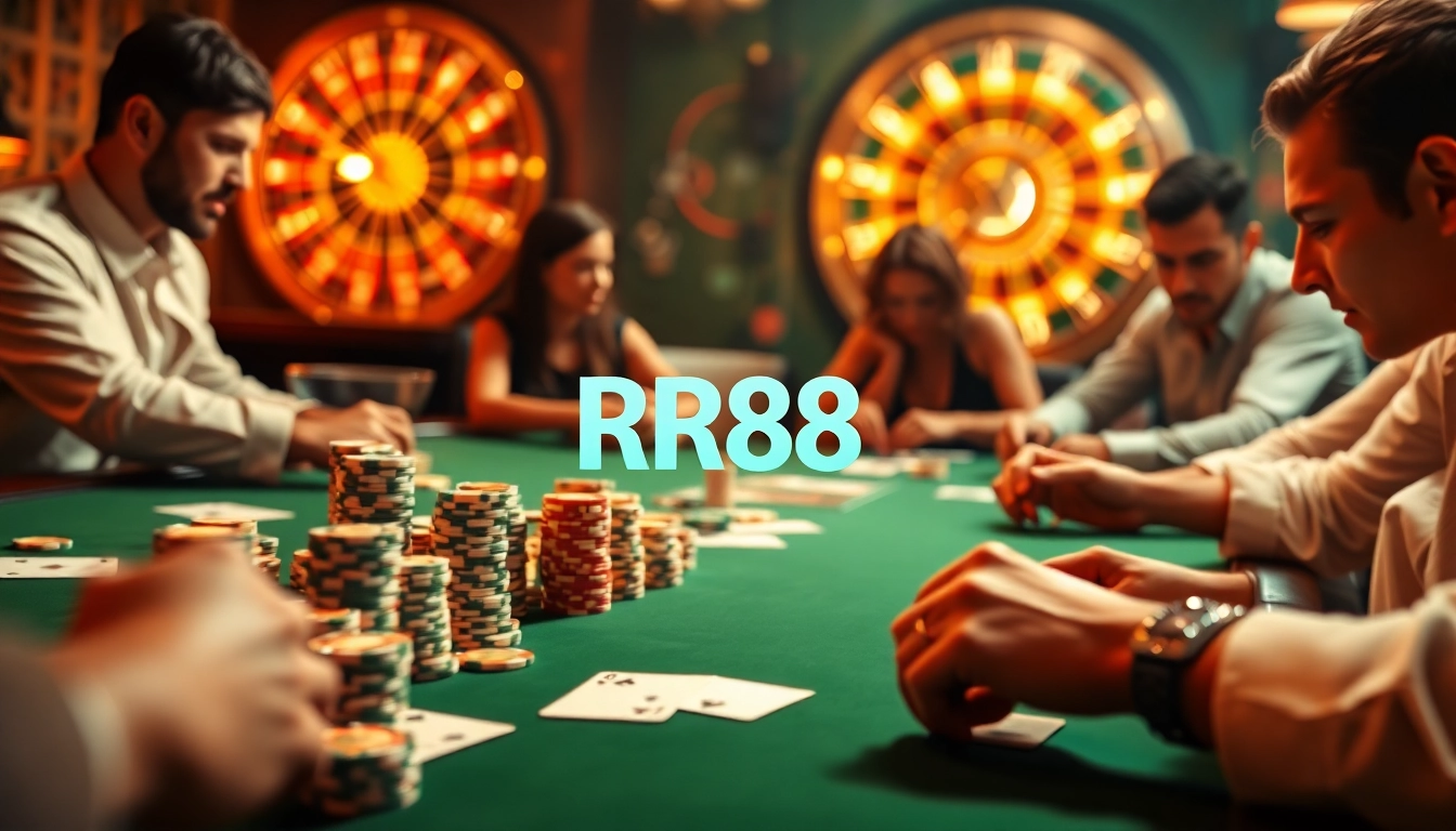 Immersive scene capturing elite gamblers at RR88 poker table surrounded by luxurious casino elements.