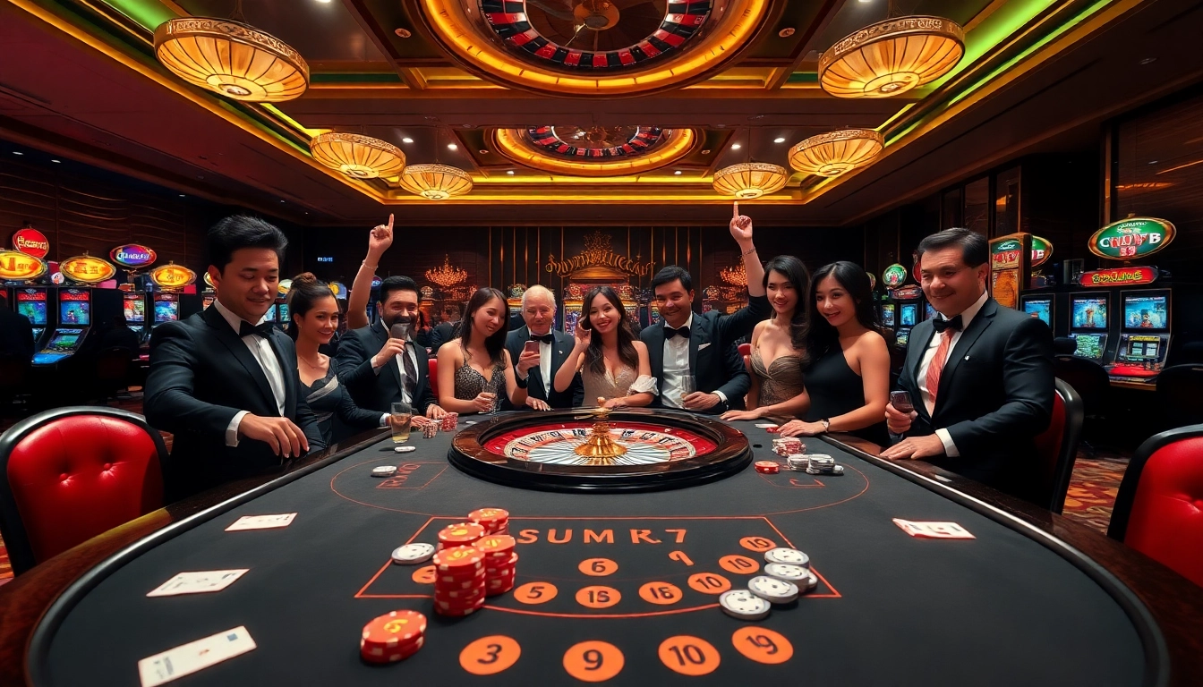 Experience the thrill of xin88 com sòng bạc with a vibrant casino scene showcasing players at a poker table.