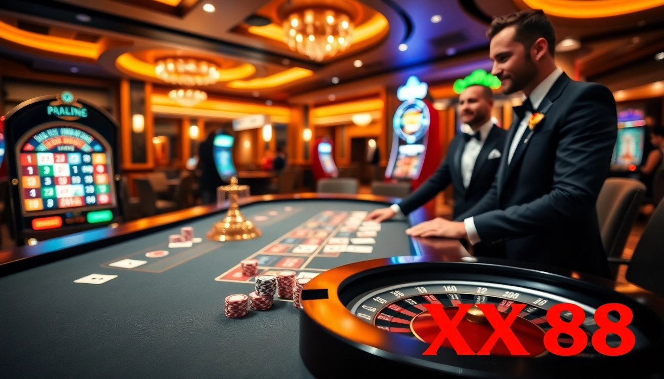 Experience the thrill of winning at XX88's luxurious casino tables adorned with poker chips and cards.