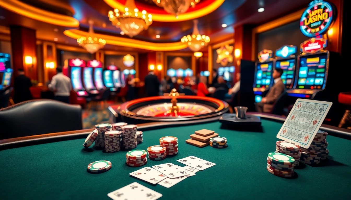 A thrilling scene of a luxury casino experience at trang chủ 8kbet, highlighting poker and roulette games.