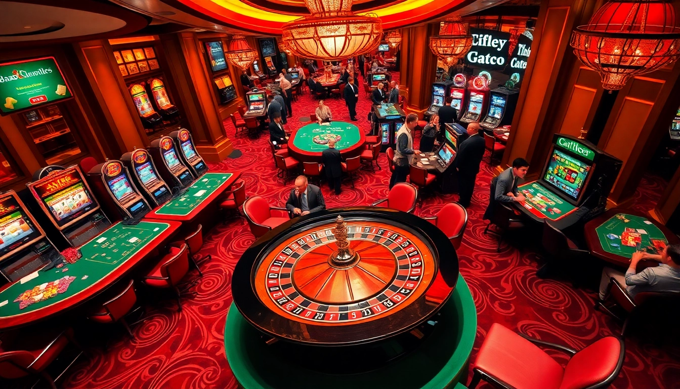 Bancadoithuong.observer casino scene with players at poker tables and vibrant slot machines.