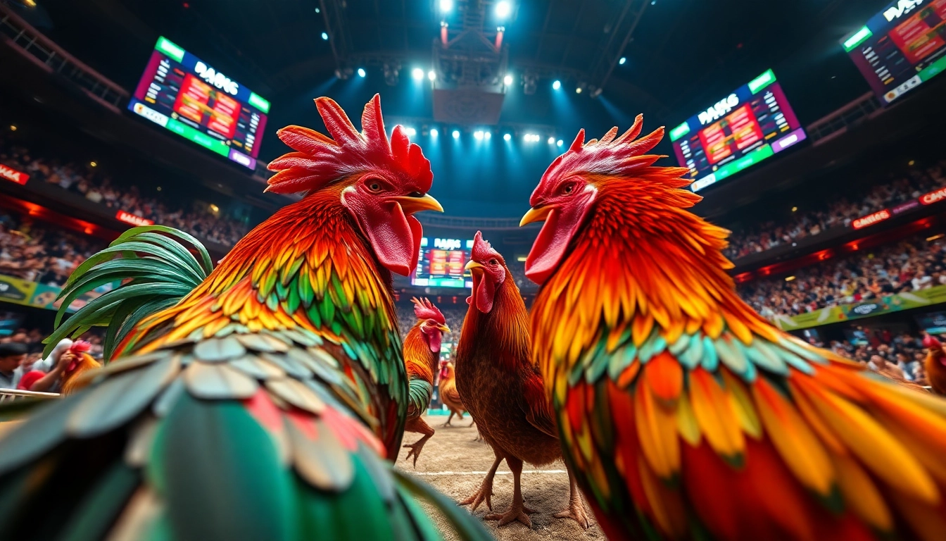 DAGA88 live chicken fighting match showcasing thrilling action and vibrant colors.