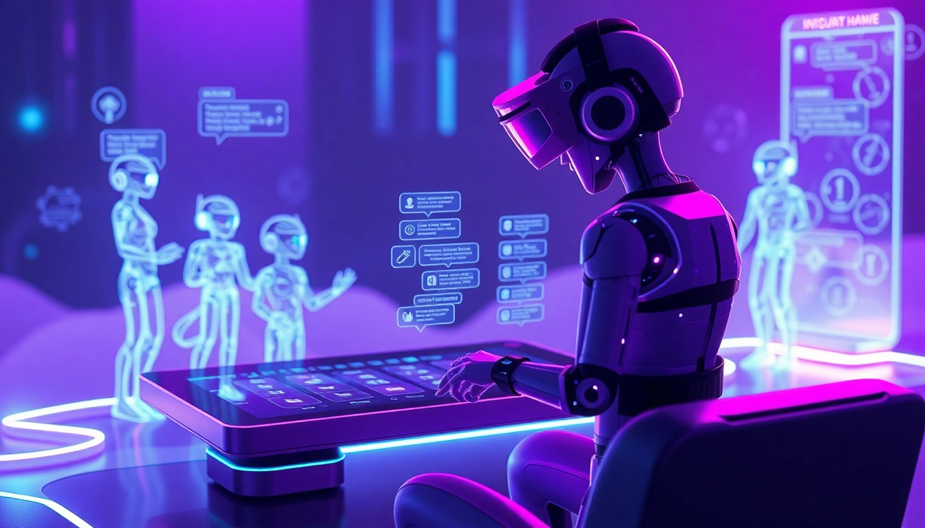 Engaging NSFW AI chatbot interface with holographic characters in a futuristic setting