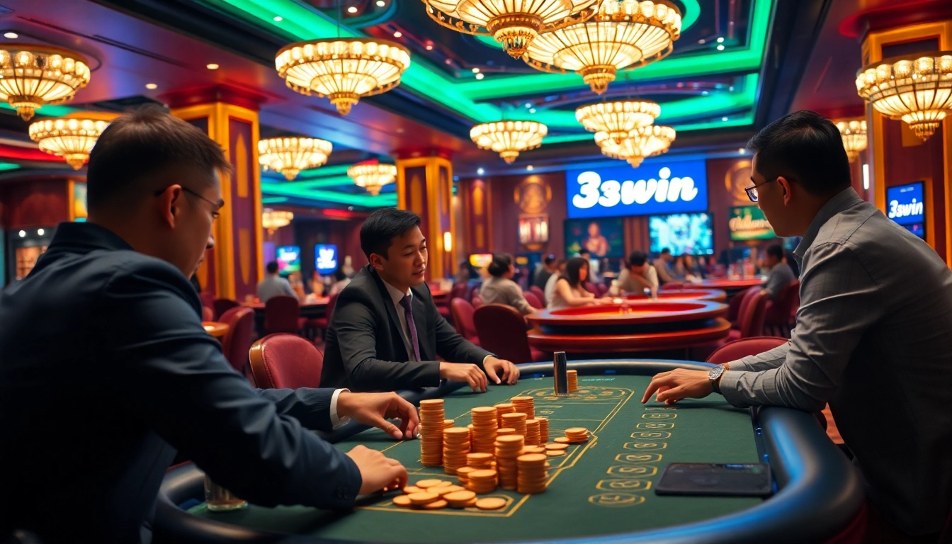 Online gambling players engaged in 33win đang nhap at a luxurious casino table.