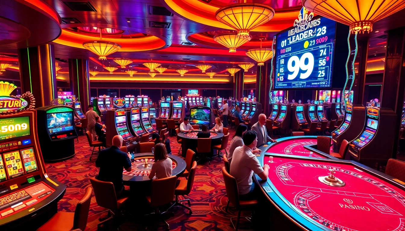 Engaging gamblers at a luxurious casino, featuring vibrant gaming tables and PS99 leaderboard.