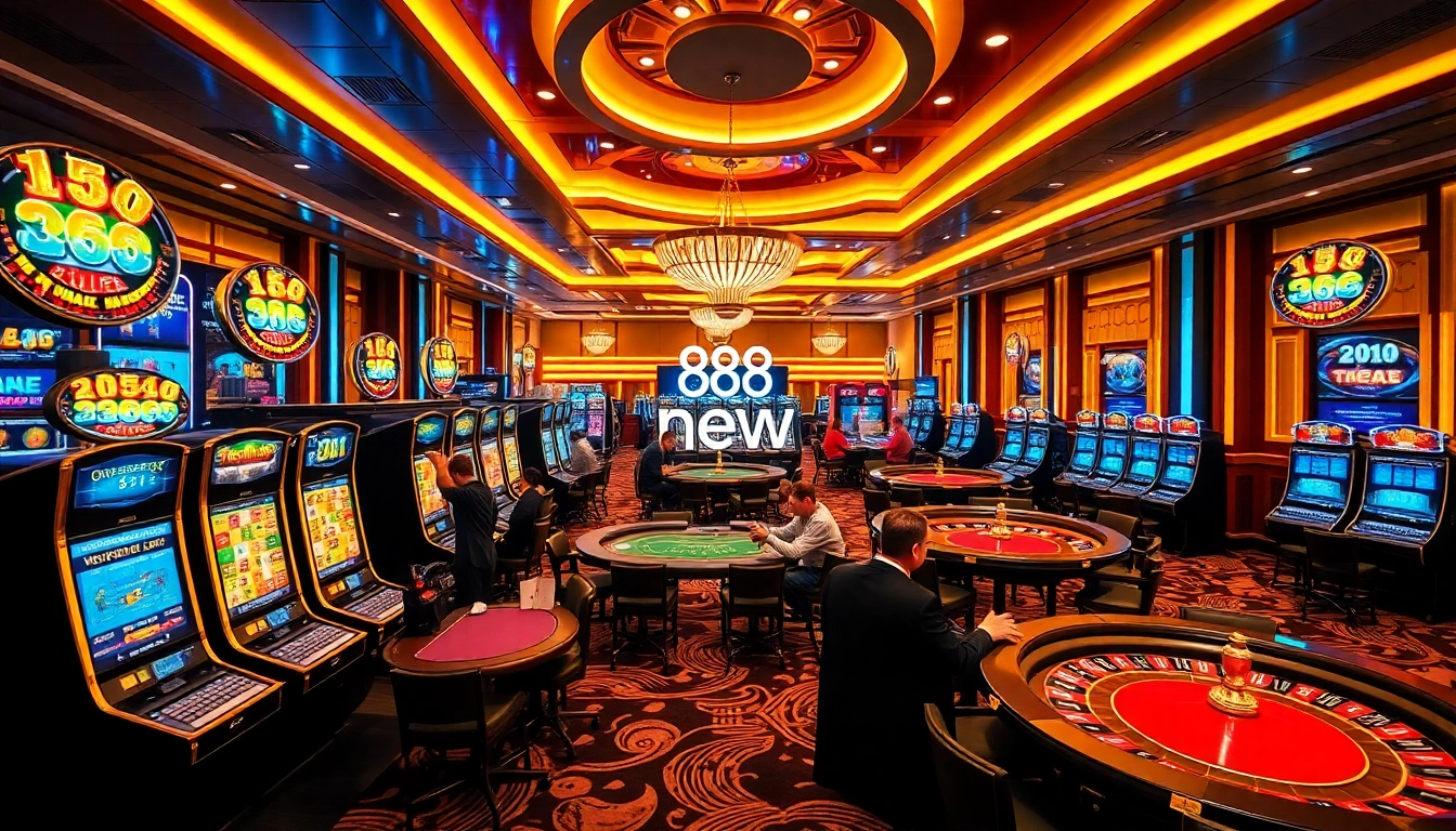 Experience the thrill of 888 new games with vibrant casino visuals featuring blackjack tables and slot machines.