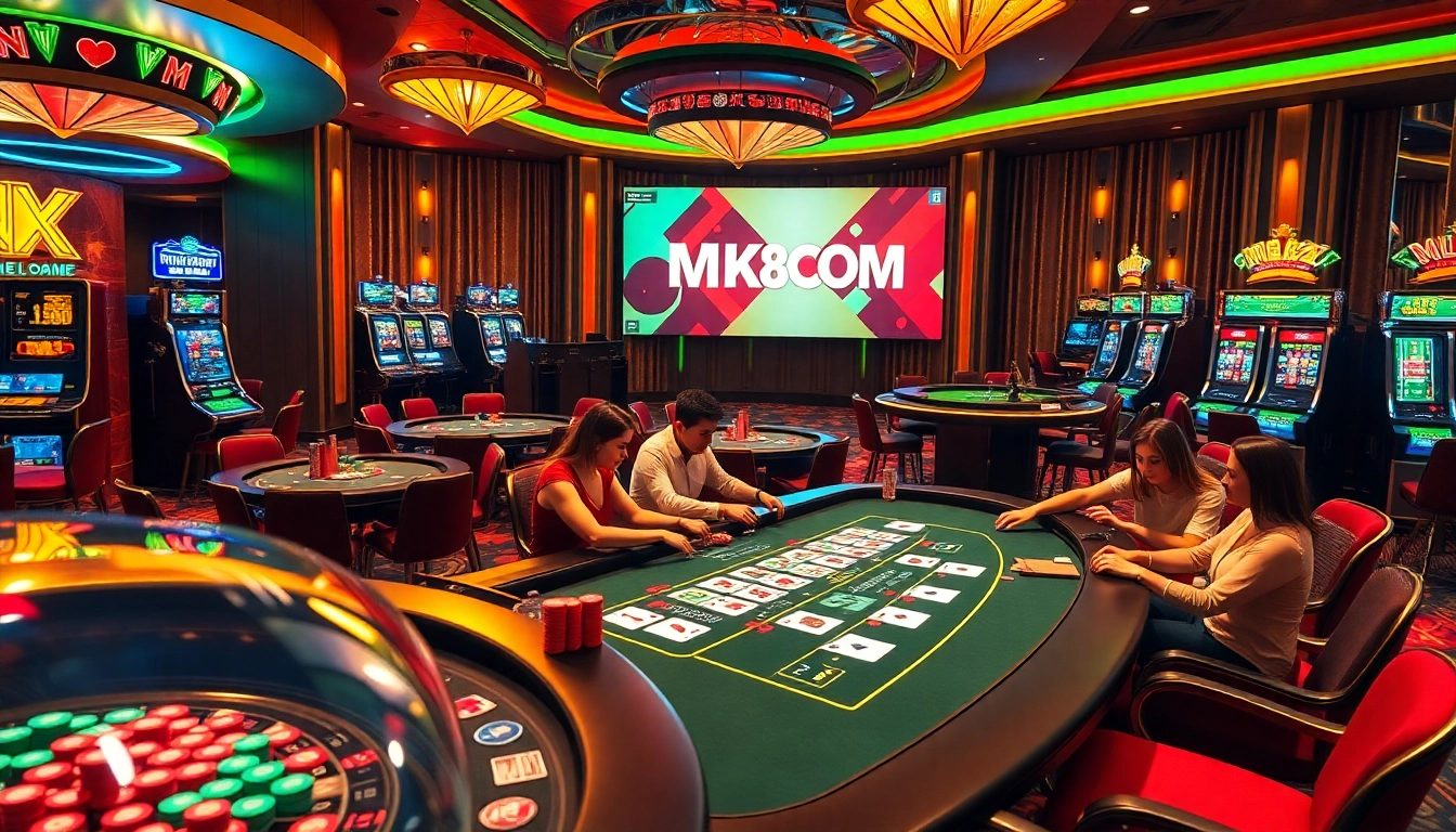 Engaging poker players at vibrant tables, showcasing MK8.COM in an exciting casino atmosphere.