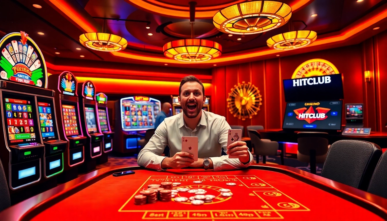 Experience HITCLUB's excitement at a vibrant casino table with colorful slot machines and enthusiastic gamblers.