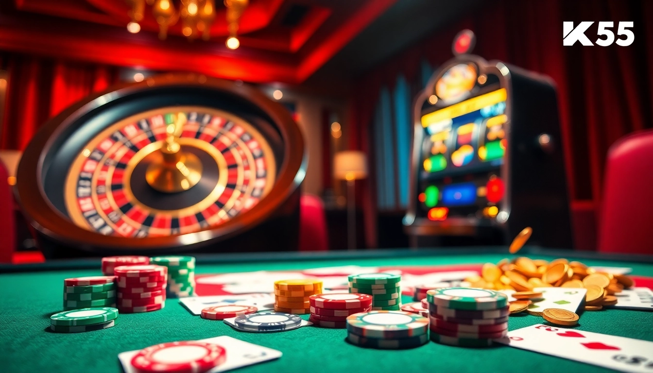 Experience the thrill of KK55 gambling with vibrant casino tables and slot machines.
