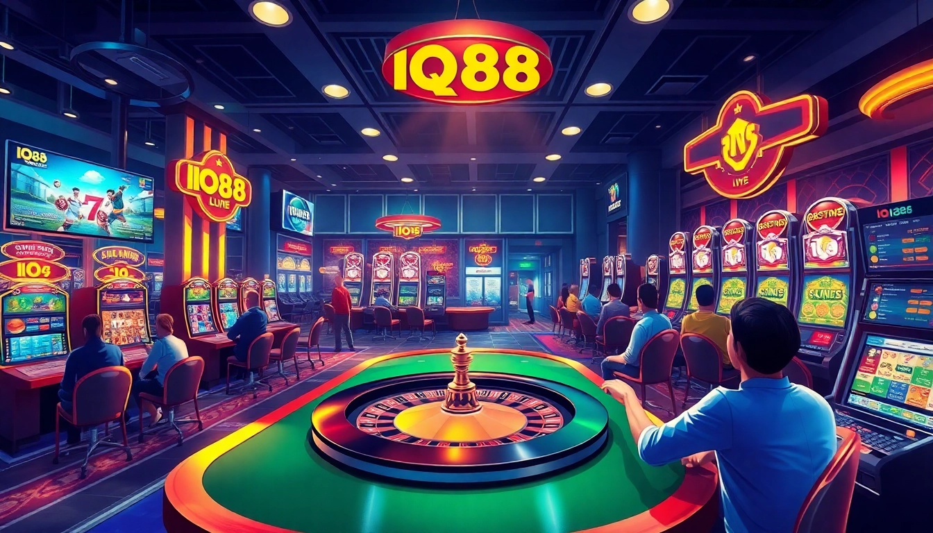 Engaging online gambling scene featuring IQ88's vibrant casino and betting options, showcasing excitement and luxury.