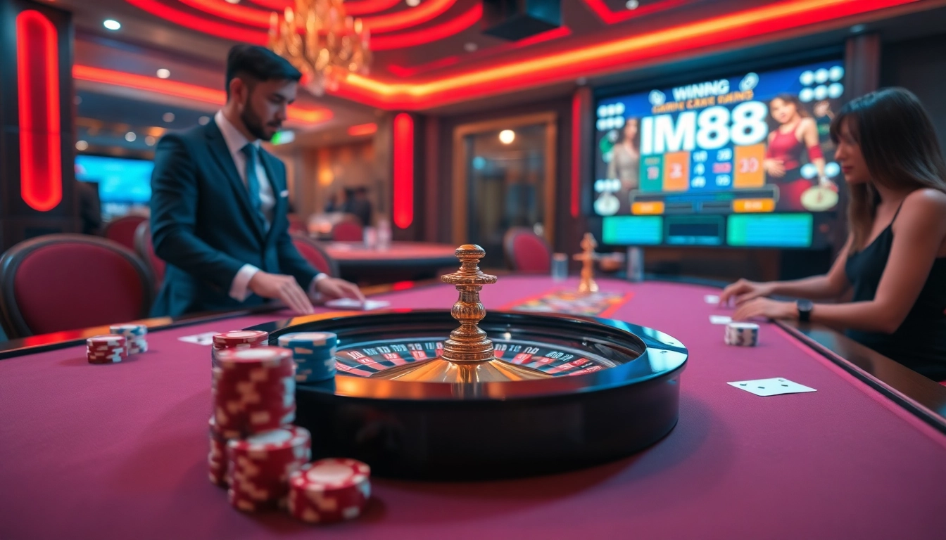 Experience the thrill of mm88 at a luxurious casino table with vibrant poker chips and cards.