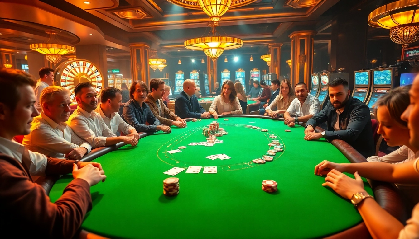 Players engaged at a luxurious poker table at 789club, surrounded by vibrant casino elements and thrilling atmosphere.