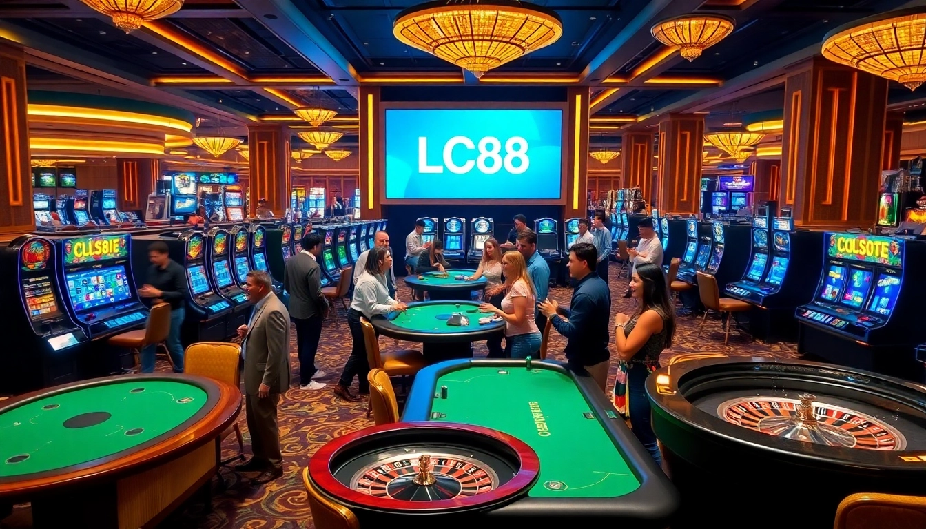Gamblers engaging at a luxury casino with the LC88 logo, showcasing excitement and strategy.