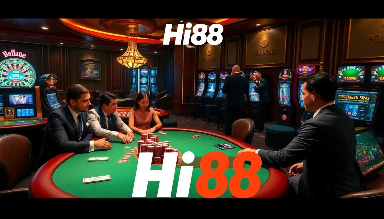 Experience the excitement of Hi88 with upscale casino tables and vibrant gambling elements.