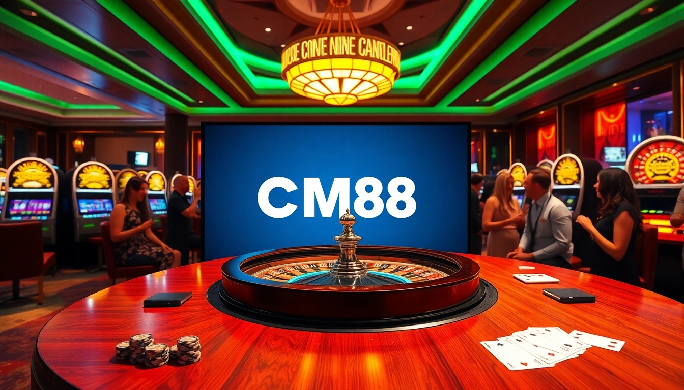 Exciting gambling scene at https://cm88.bz/ with roulette, players, and colorful slot machines.