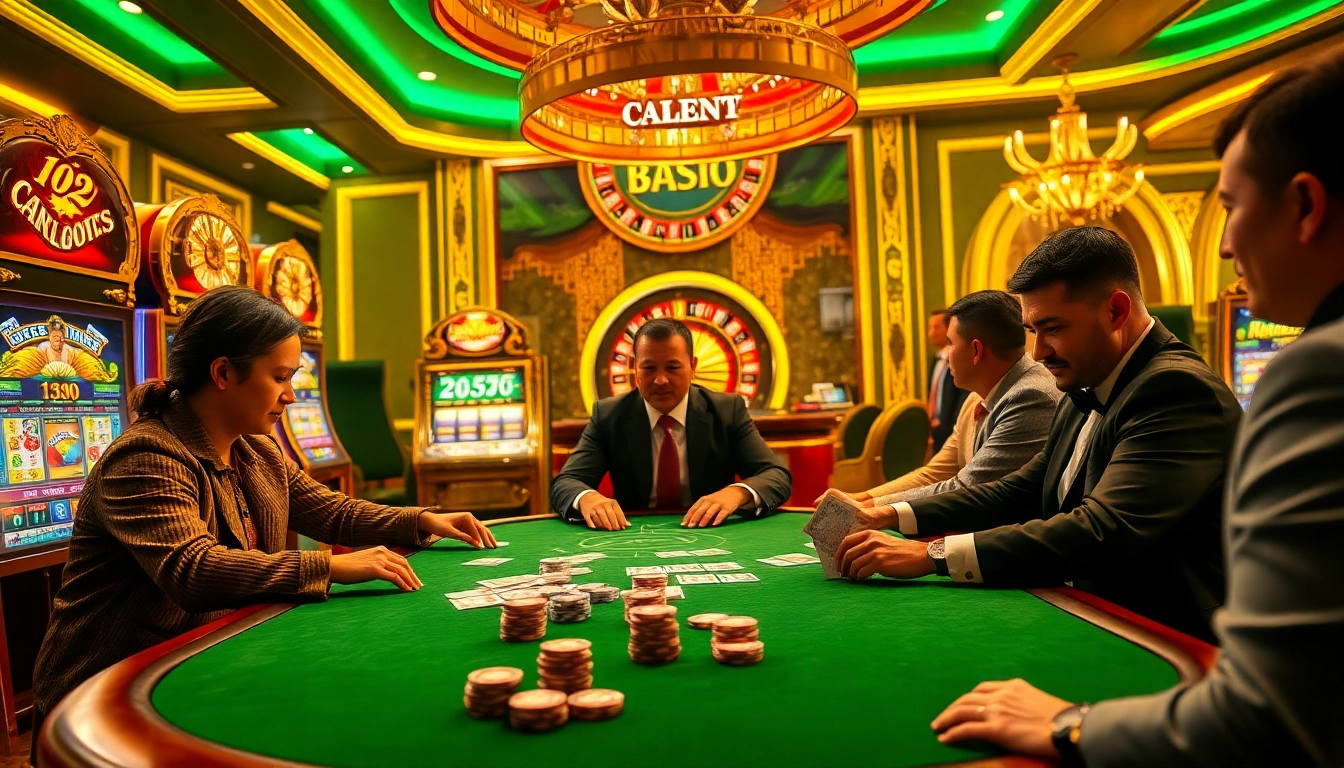 Experience the thrill of gambling at https://vj88vn.com/: a lavish casino scene with intense poker players and vibrant slot machines.