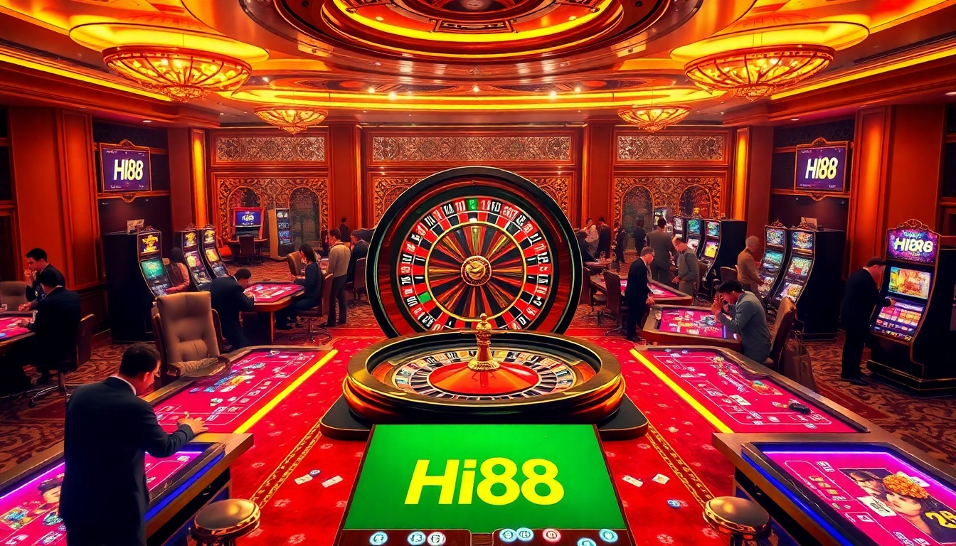 Experience excitement at Hi88's luxurious casino environment with vibrant tables and games.