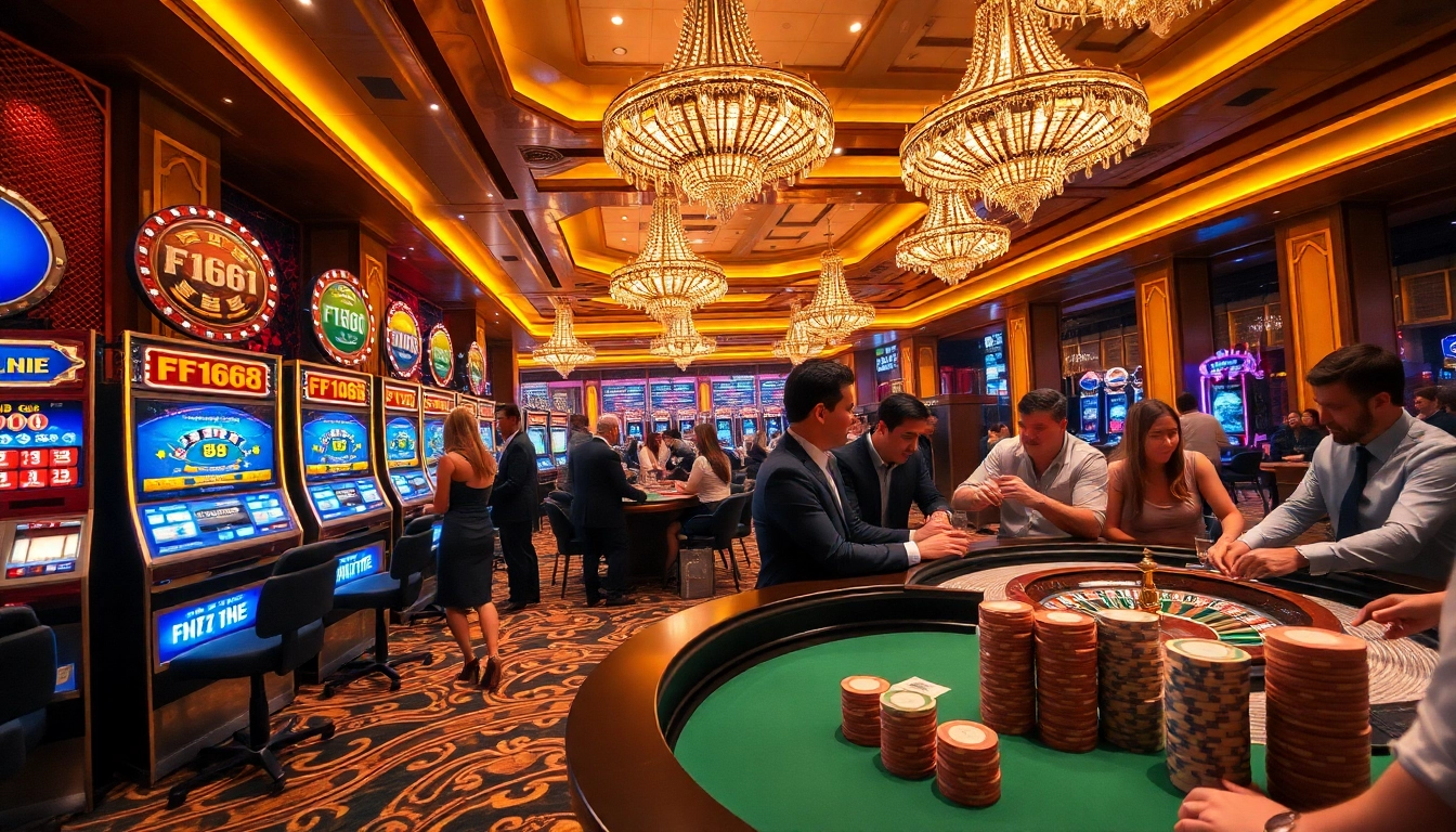 Take a thrilling chance at f168 nổ hũ in a luxurious casino setting with vibrant players and slot machines.