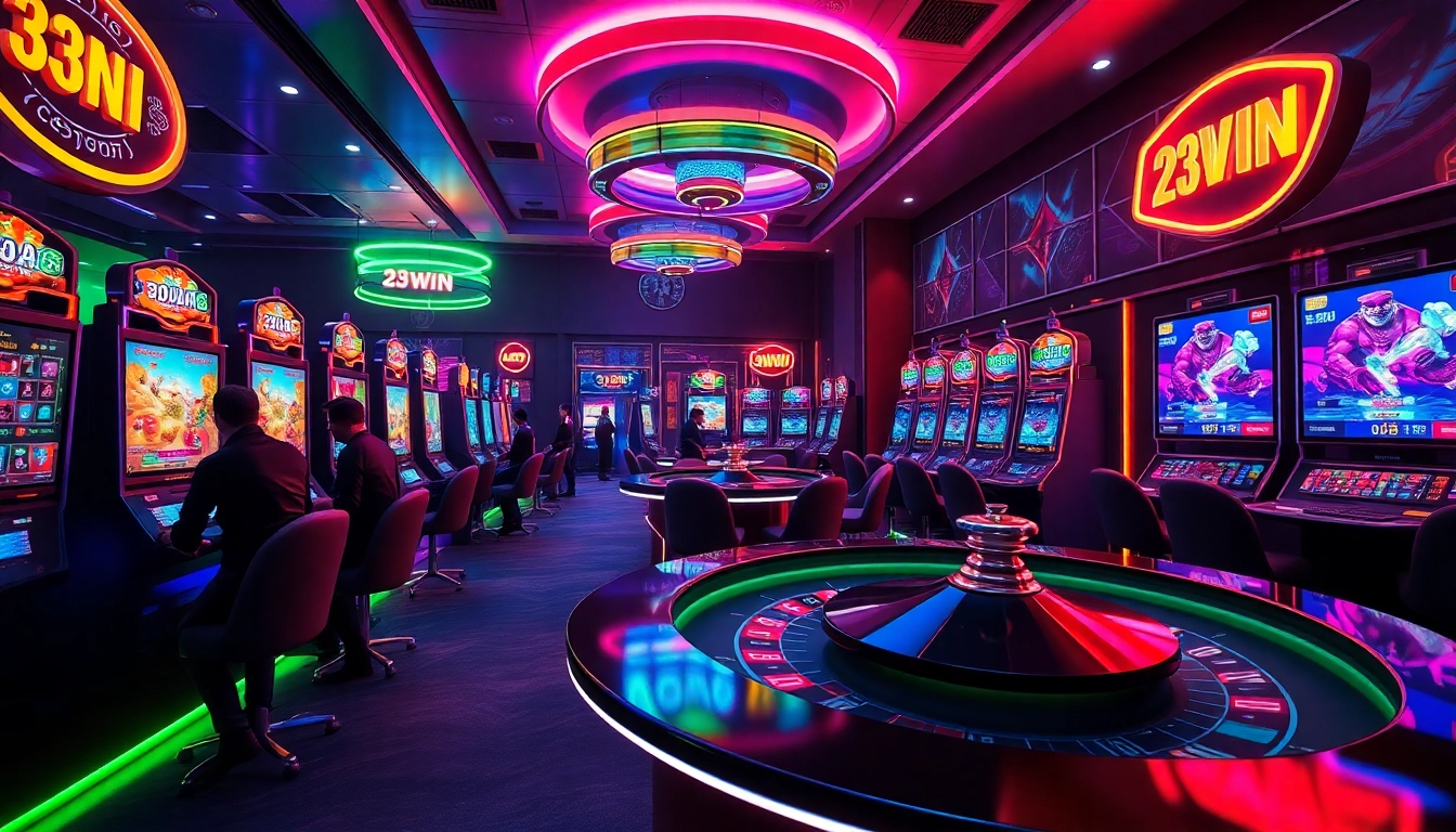 Engaging casino gaming scene featuring 23WIN with vibrant slots and roulette.