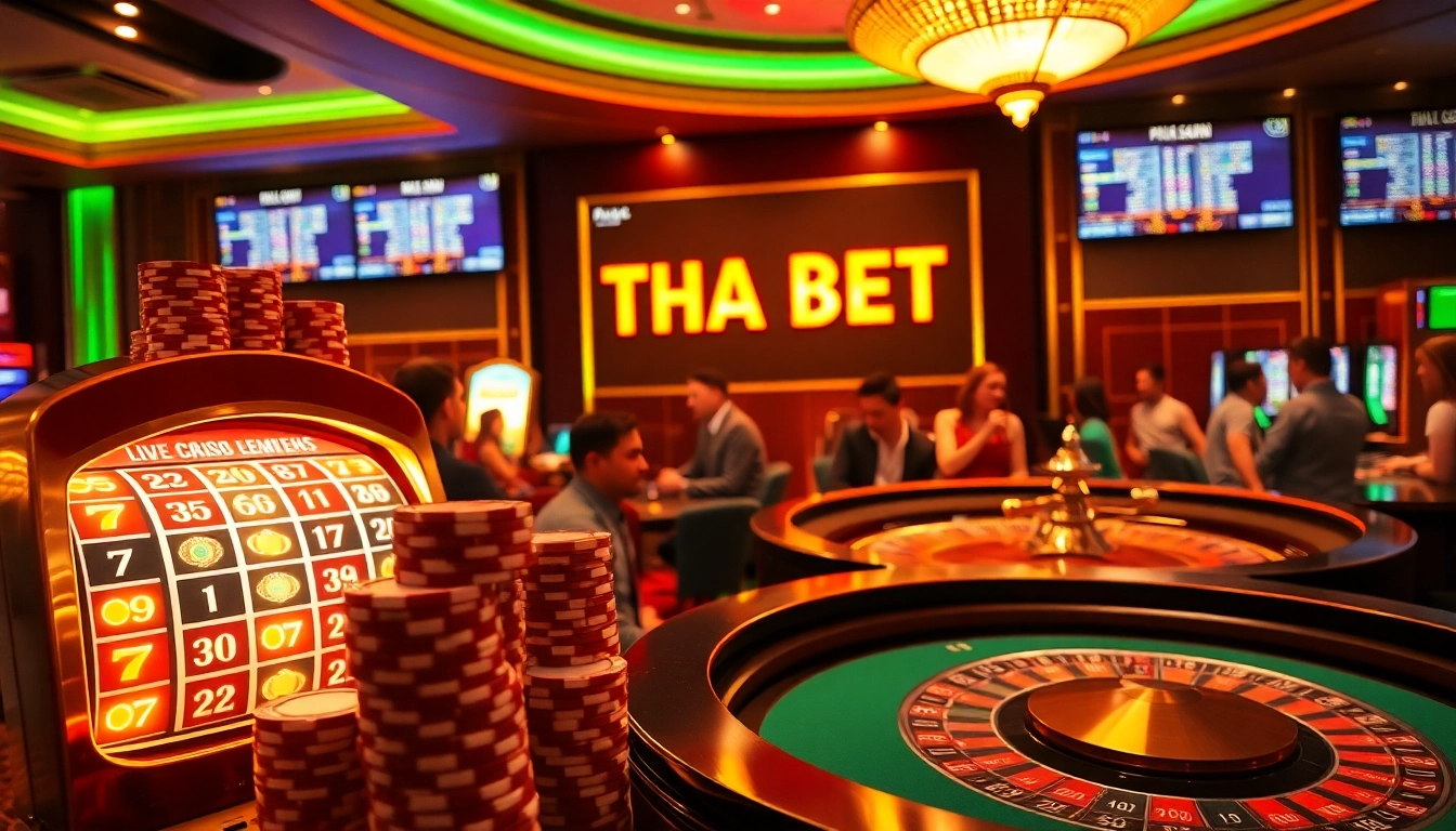 Engaging casino scene with the keyword THA BET featured on vibrant screens.