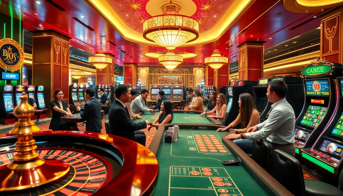 Engage with thrilling table games and slot machines at https://kjc.coach/, showcasing a vibrant casino atmosphere.