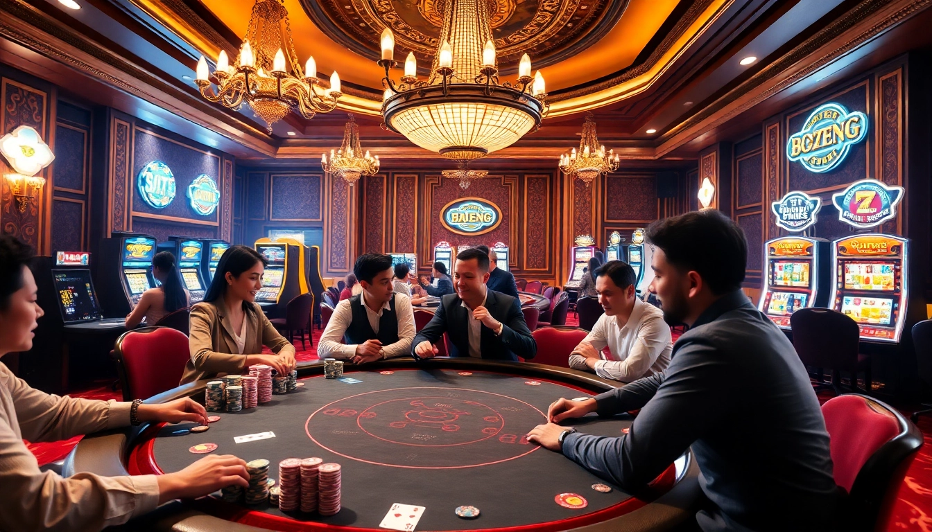 Engaged players at a poker table celebrating a win on trang chủ kp88 with vibrant casino elements.