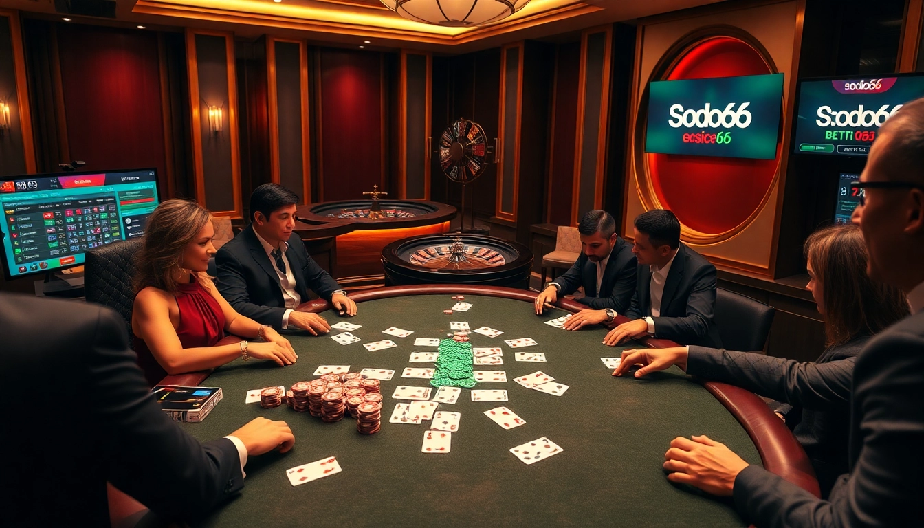 Players enjoying a thrilling poker game at a sodo66 casino table, showcasing vibrant chips and cards.