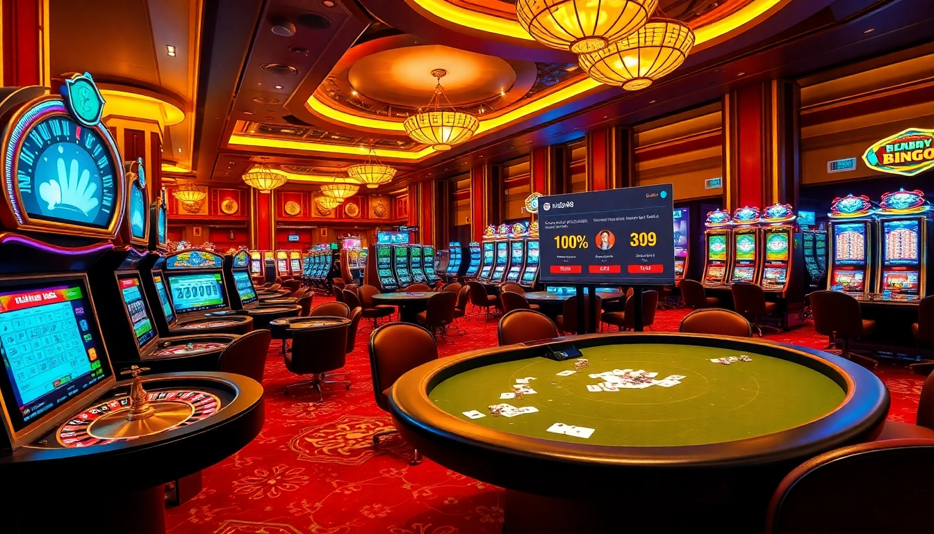 Hello88 casino scene showcasing roulette, poker tables, and slot machines in a vibrant, luxurious setting.
