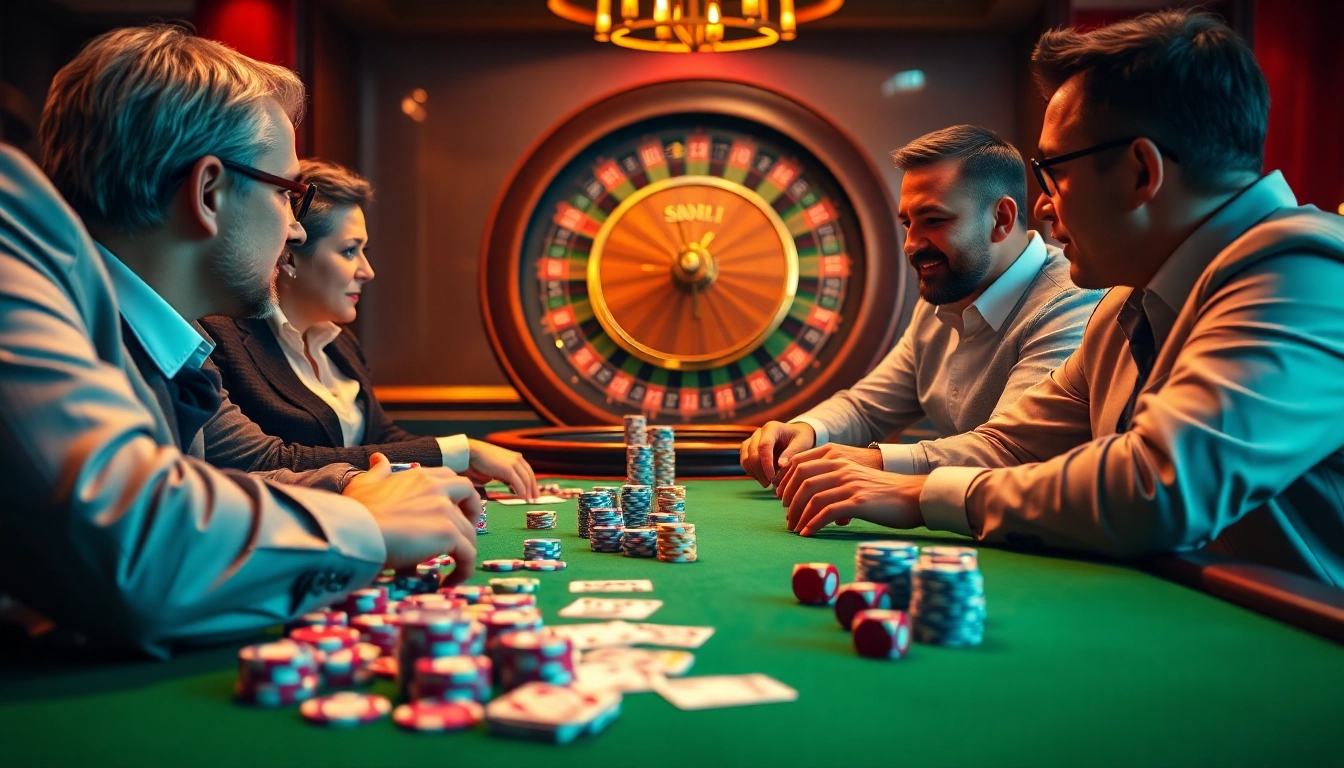 Engaged players at a stylish casino table featuring 88i poker chips and cards.