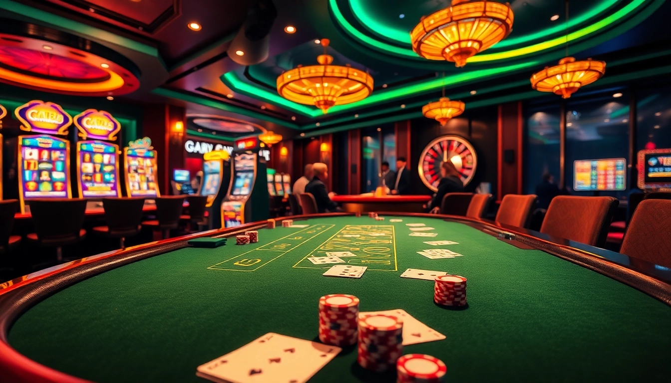 Exciting GK88 casino scene with lavish blackjack table, colorful chips, and vibrant slot machines.