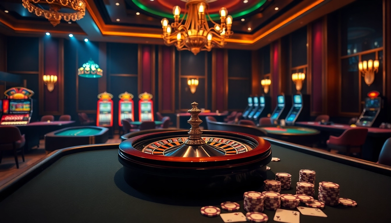 KBBET casino scene with poker tables and a roulette wheel, showcasing excitement in gambling.