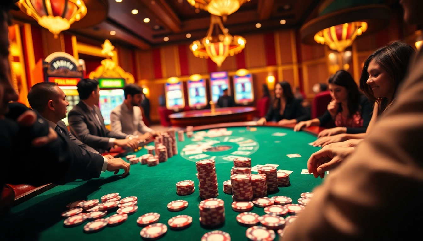 Players enjoying a thrilling game at the Good88 casino table with vibrant chips and cards.