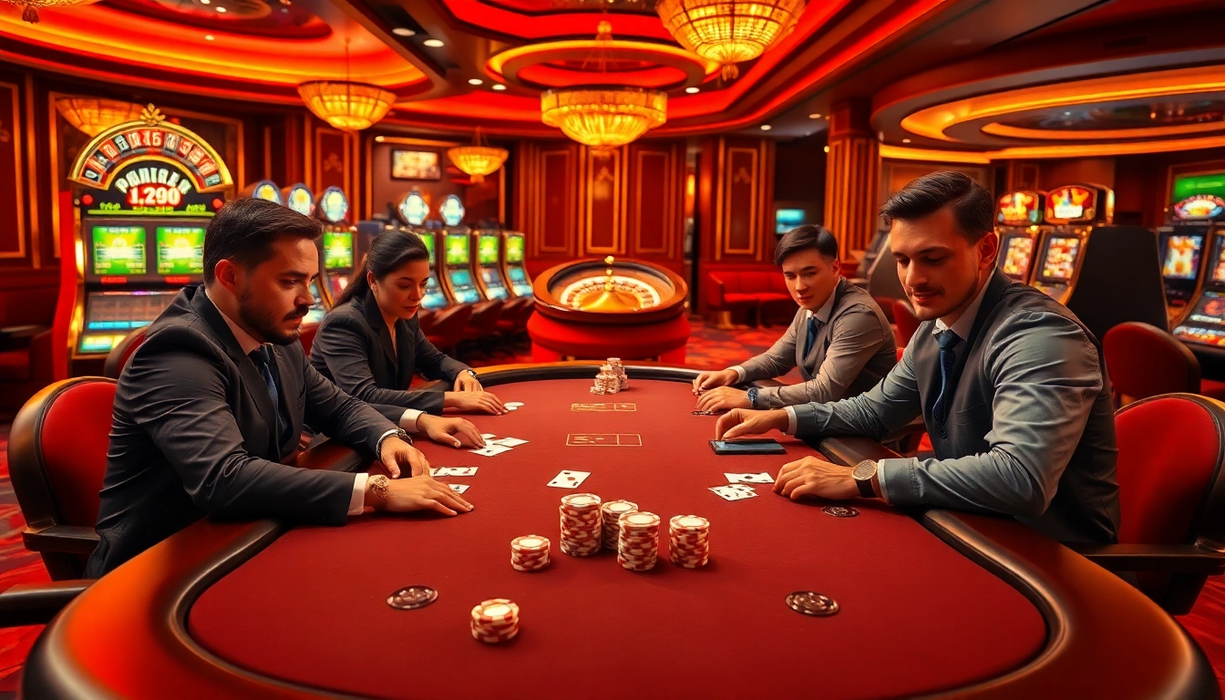 Players strategizing at a luxurious poker table in a vibrant casino scene related to win55vn biz.