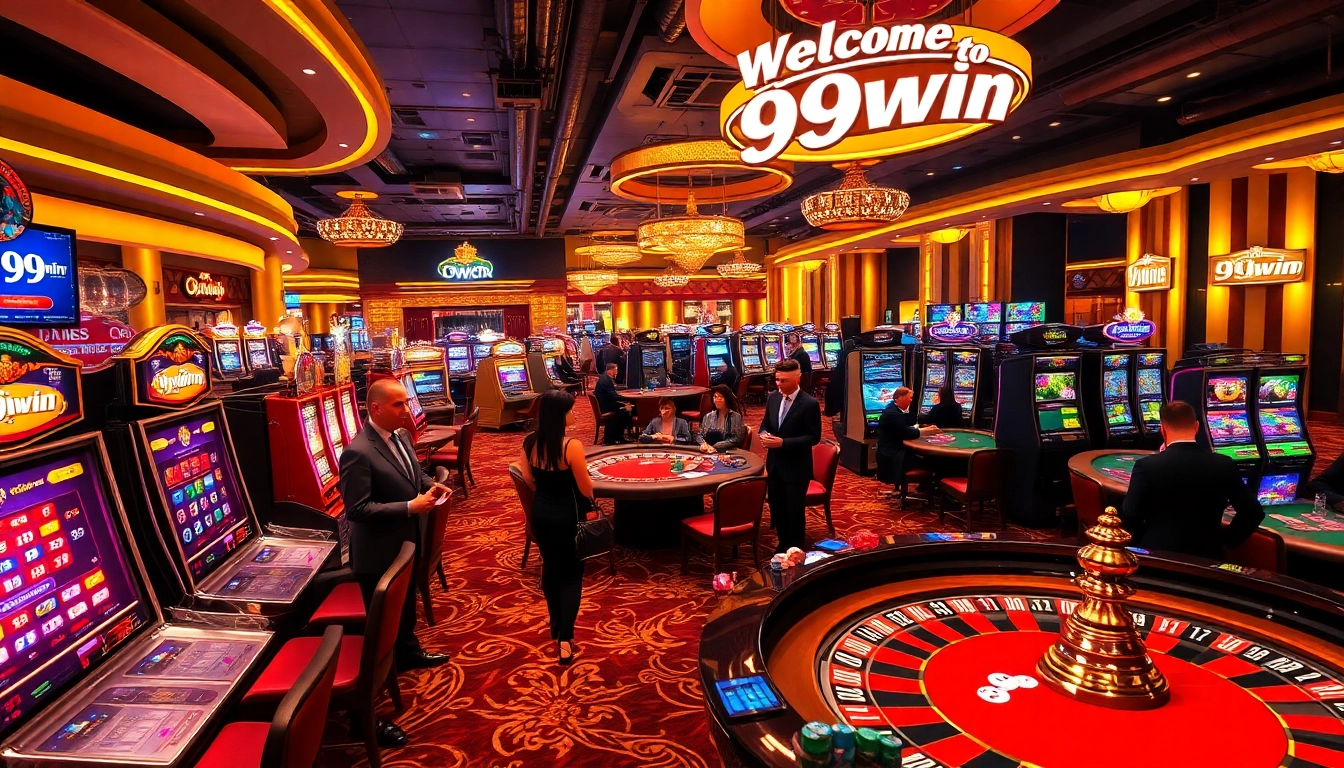 Experience the thrill of 99win with elegant gamblers at a vibrant casino floor full of excitement.