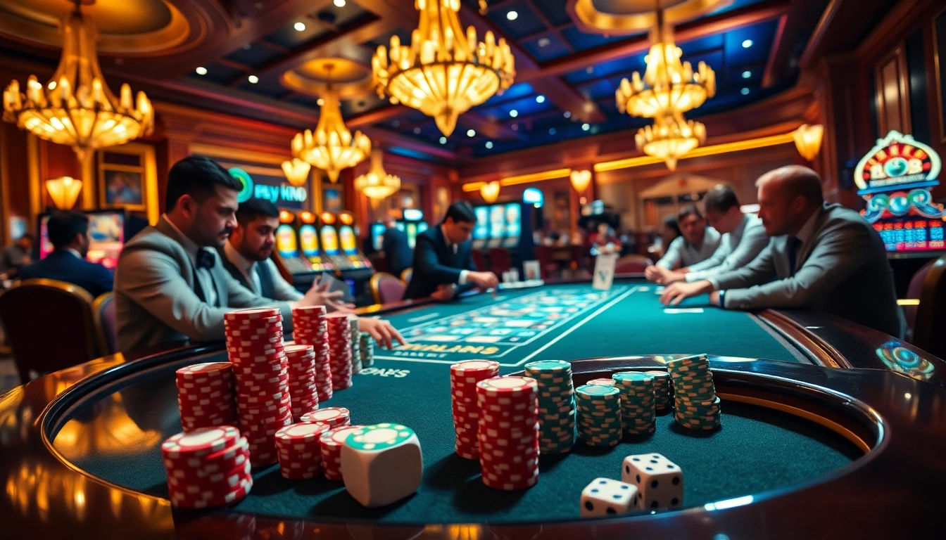 Engage in thrilling casino action at https://vj88.com/, showcasing poker chips and vibrant slot machines.