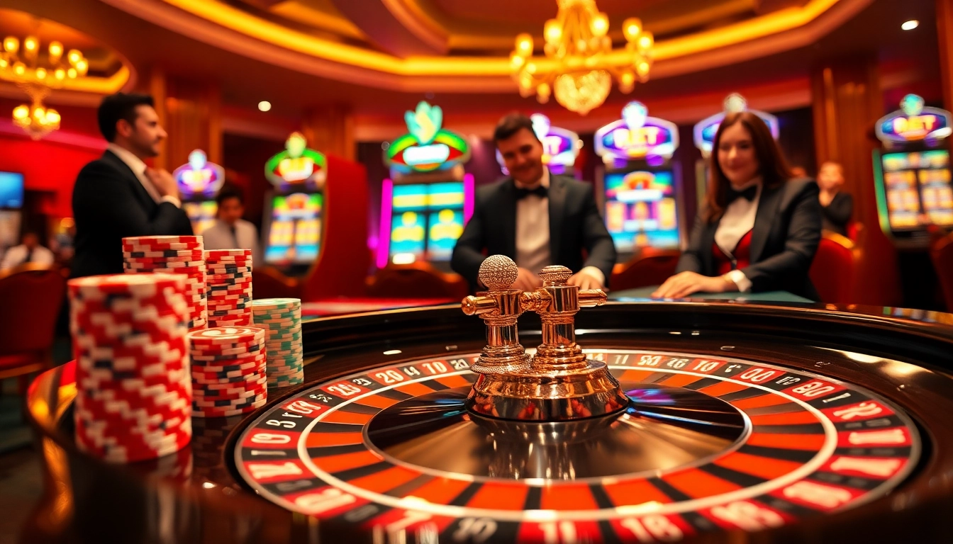Experience the thrilling atmosphere of go88hv.com with players enjoying roulette and poker in a luxurious casino.