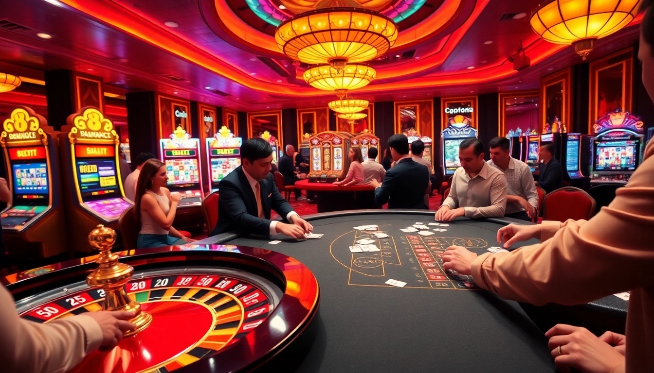 Experience the excitement of 8kbet with vibrant casino tables and slot machines illuminating the gaming floor.
