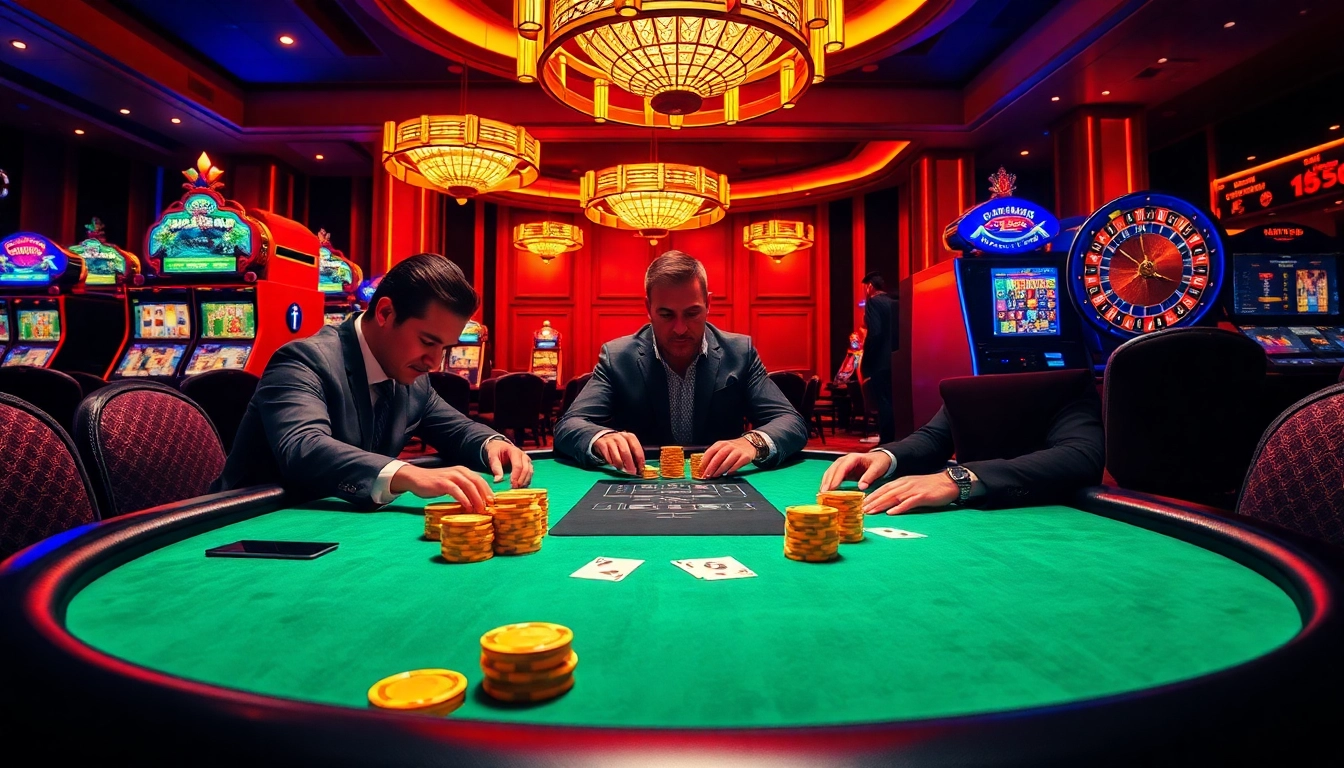 Players engage at the poker table, capturing the thrill of win55 in a luxurious casino setting.