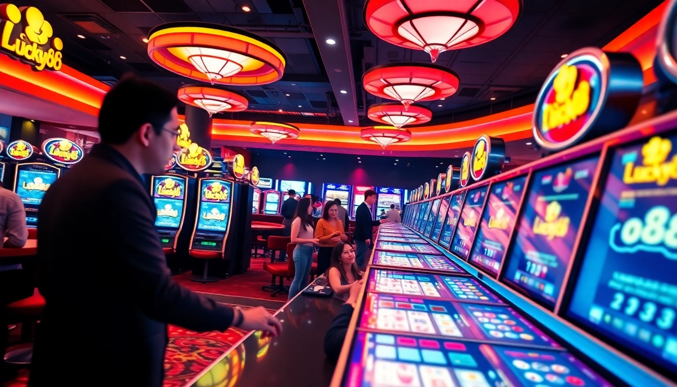 Exciting casino scene featuring Lucky88 gaming tables, vibrant slot machines, and enthusiastic players in 2025.
