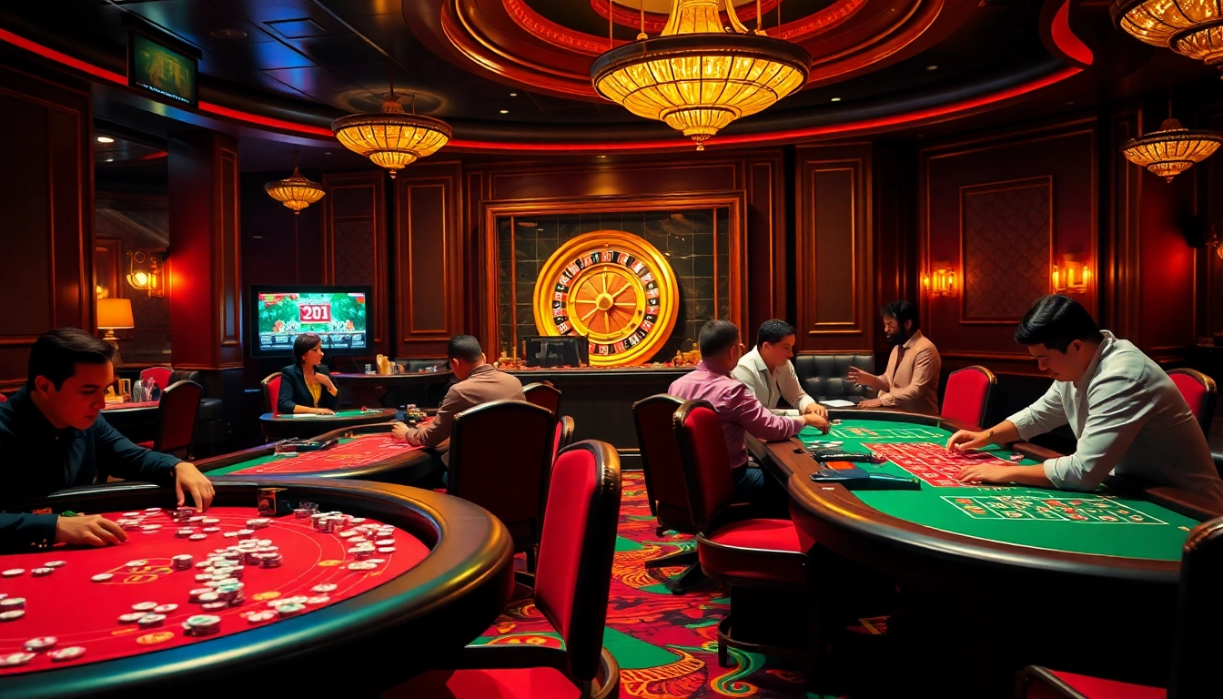 Engaged gamblers analyzing lô kép xsmb outcomes at a luxurious casino table.