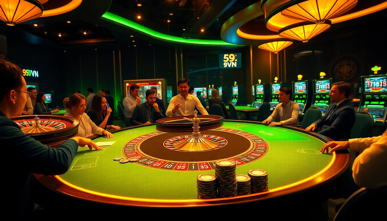 Experience thrilling gameplay at 69VN with vibrant casino elements like roulette wheels and poker chips.