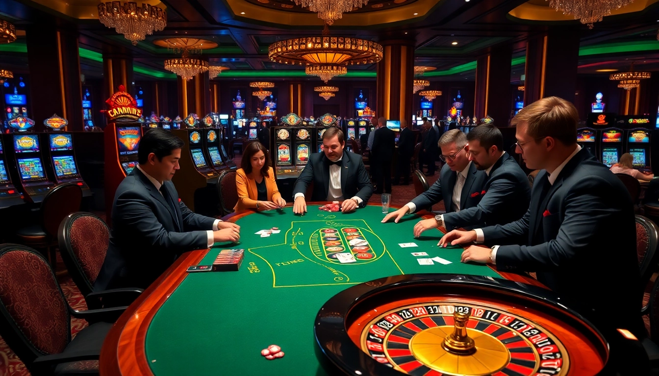 OK365 players enjoying a thrilling game at a luxurious casino table with vibrant colors.