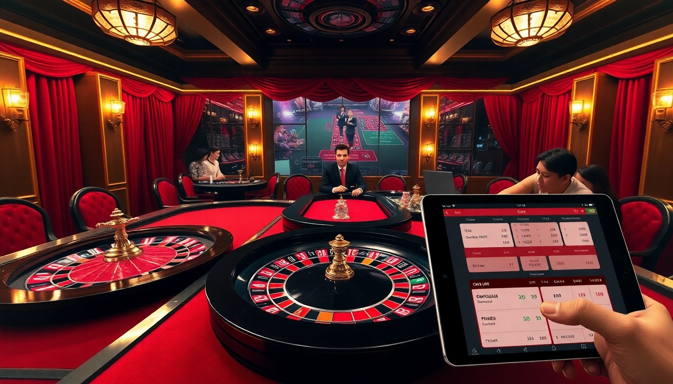 Experience kp88 excitement at a luxury casino with players engaged in thrilling poker and roulette.
