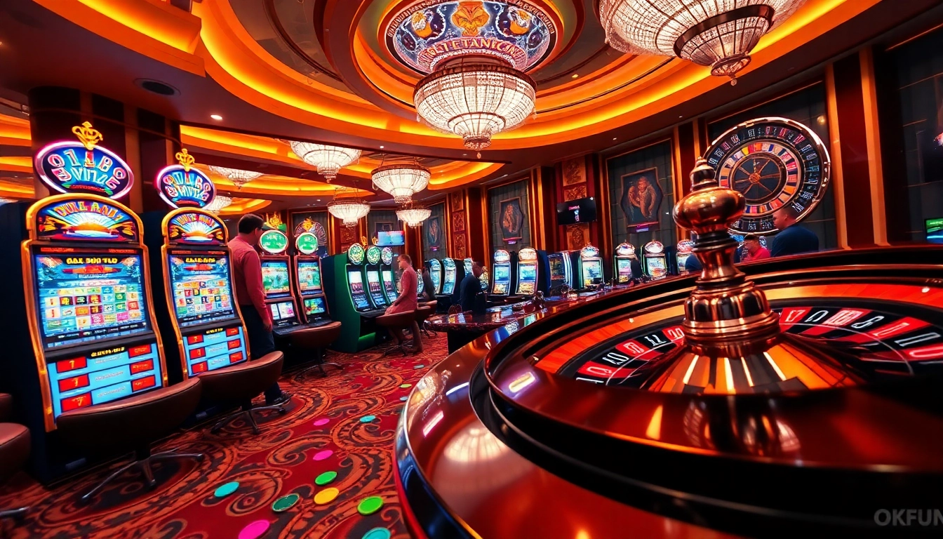 Experience the thrill of casino gaming with the link OKFUN atmosphere, showcasing vibrant slot machines and roulette.