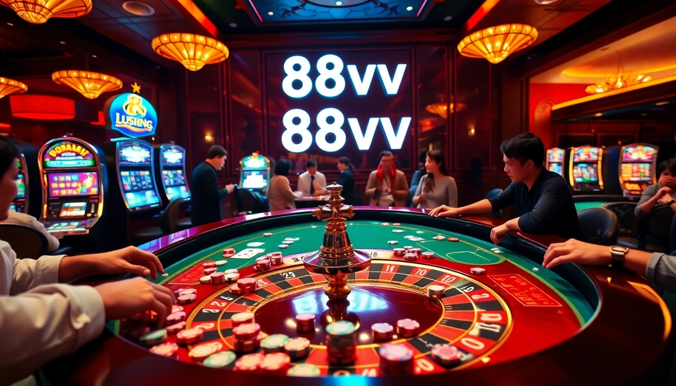 Players enjoying a vibrant roulette game at the 88vv casino, surrounded by poker chips and cards.