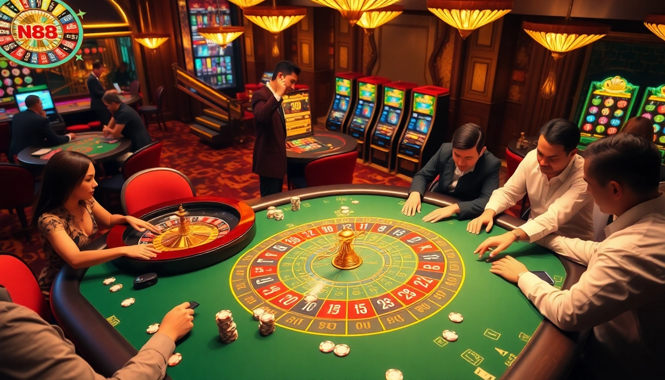 Experience the thrill of nk88 at a vibrant casino poker table with stunning gameplay and colorful chips.