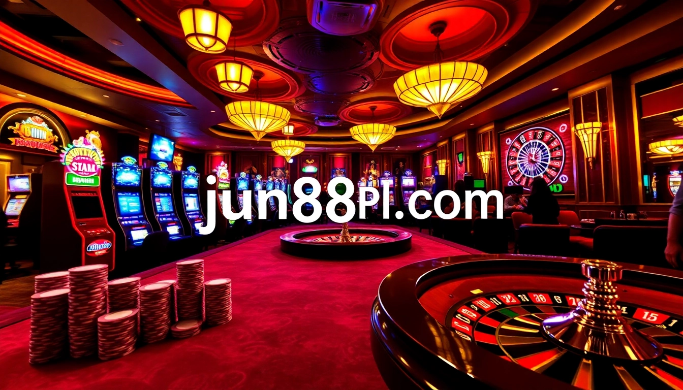 Engaging scene at jun88pl.com featuring exciting casino games with poker chips and slot machines.