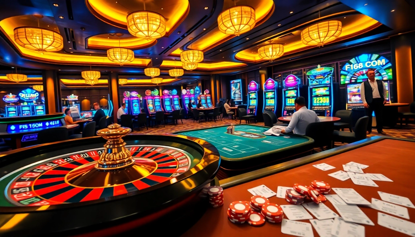 Experience F168COM's exhilarating casino atmosphere filled with poker tables and vibrant slot machines.