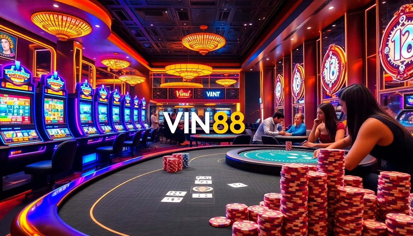 Gamblers enjoying a luxurious casino experience at VIN88 with vibrant slot machines and poker tables.