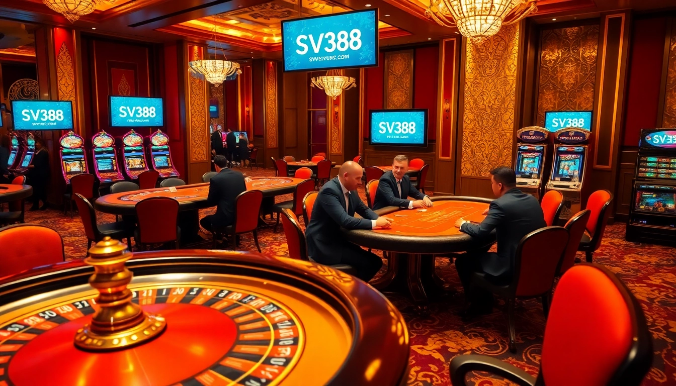 Players engaging in high-stakes gaming at SV388.com featuring roulette, poker, and vibrant slot machines.